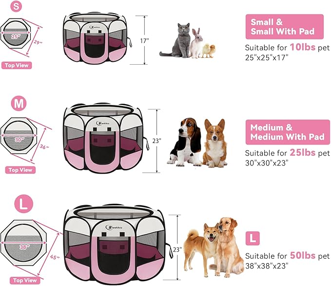 Pink Dog Cat Playpen, Puppy Pet Playpen Indoor for Small Dog Crate Tent Cage Outdoor, Portable Pop Up Dogs Enclosure Kennel with Carrying Case for Dogs/Cats/Rabbits
