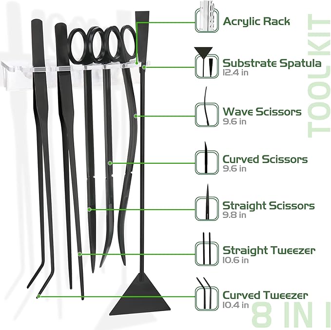 8 in 1 Aquascaping Tool kit with Acrylic Storage Rack, Black Steel Aquatic Landscaping Equipment Perfect to Create A Stunning Underwater Scape for Fish Tank