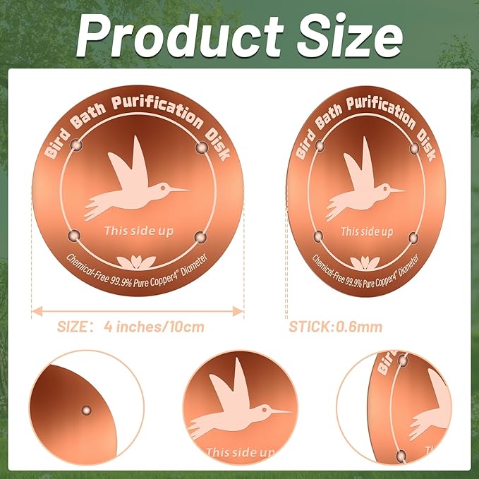 3PCS Pure Copper Bird Bath Purification Disk - 4" Diameter, 0.6mm Thick, Reinforced with Four-Point Support, Universal Fit for Outdoor Birdbath & Bowl