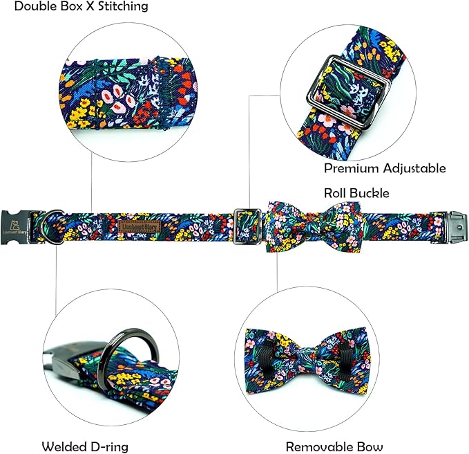 Lionheart glory Dog Collar Darkblue Flower Dog Bow Collars Floral Dog Collar with Bow Male or Female Spring Fall Pet Gift Durable Adjustable Dog Collar for Large Dogs