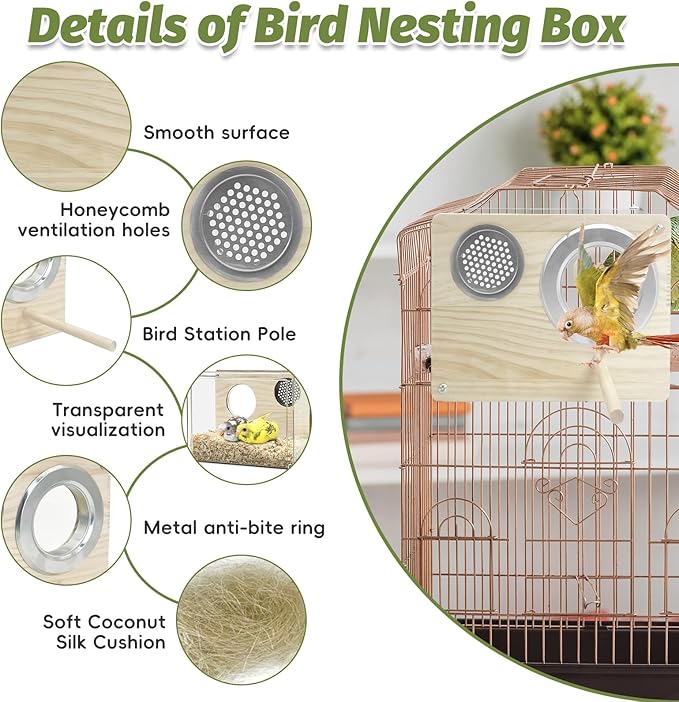 PINVNBY Transparent Acrylic Parakeet Nesting Box Budgie Breeding Box Bird Nest for Cage for Bird House with Perch for Parrots, Cockatiels, Lovebirds and Small Birds (L: 8.07 x 6.2 x 3.93 inch)