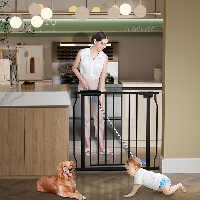 Extra Wide Baby Gate Extra Wide Extra Tall Dog Gates for Stairs Doorways Black Metal Tension Indoor Safety Gates with Pressure Mount 76.38-81.1 Inch