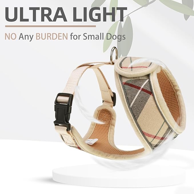 PUPTECK Soft Mesh Dog Harness Small Sized and Leash Set Pet Puppy Cat Comfort Padded Vest No Pull Harnesses, Beige Plaid, Openable Neck, New M