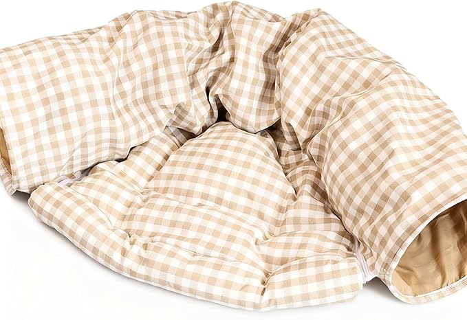 Large Cat Tunnel Bed for Indoor Cats, Peekaboo Cat Cave with Detachable & Washable Design, Scratch-Resistant Donut Bed for Multiple & Large Cats (Beige Plaid)