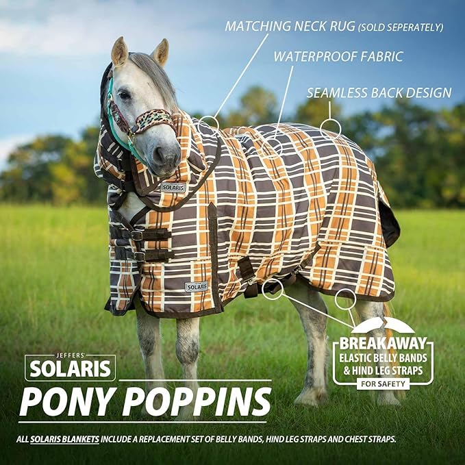 Jeffers Pony Poppins Solaris 1200 Denier Turnout Blanket Brown & Cream Plaid 42" - Waterproof, Breathable Horse Blanket with 0 gram Polyfill, No Insulation, Ideal Protection for Wind & Rain,