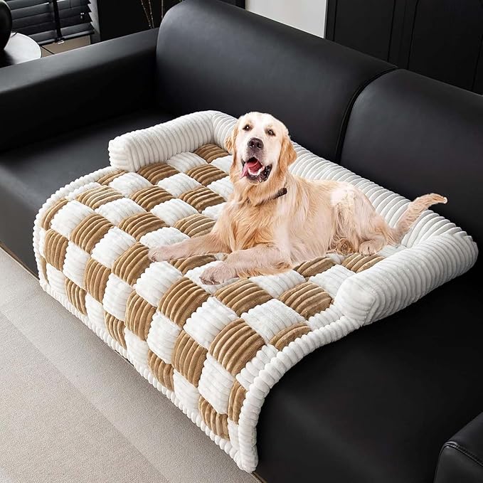 Dog Couch Cover Protector, Pet Couch Covers for Sofa, Dog Couch Cover Fuzzy Sofa Cover Cream Square Plaid Dog Bed Plush Dog Mat for Furniture Protector for Large Medium Dogs and Cats