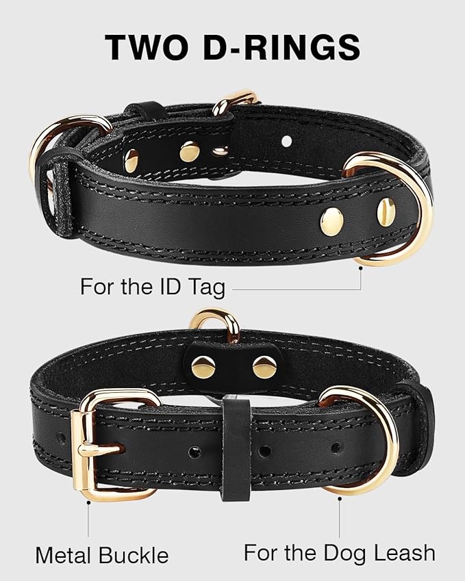 Joytale Genuine Leather Dog Collar for Large Dogs, Heavy Duty Thick Solid Leather for Power Breeds, Sturdy Adjustable Pet Collar with Metal Pin Buckle, Durable for Daily Walking, Black, L