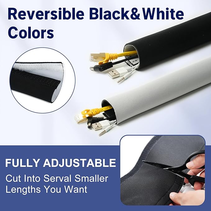 Neoprene Cable Management Sleeve 6.6ft (80 inch) - 1.5 inch, Velcro Cuttable Cord Organizer, Split Wire Loom Tubing Reversible Cord Protector for TV USB PC Ethernet Cable Hider Protect Pets Kids