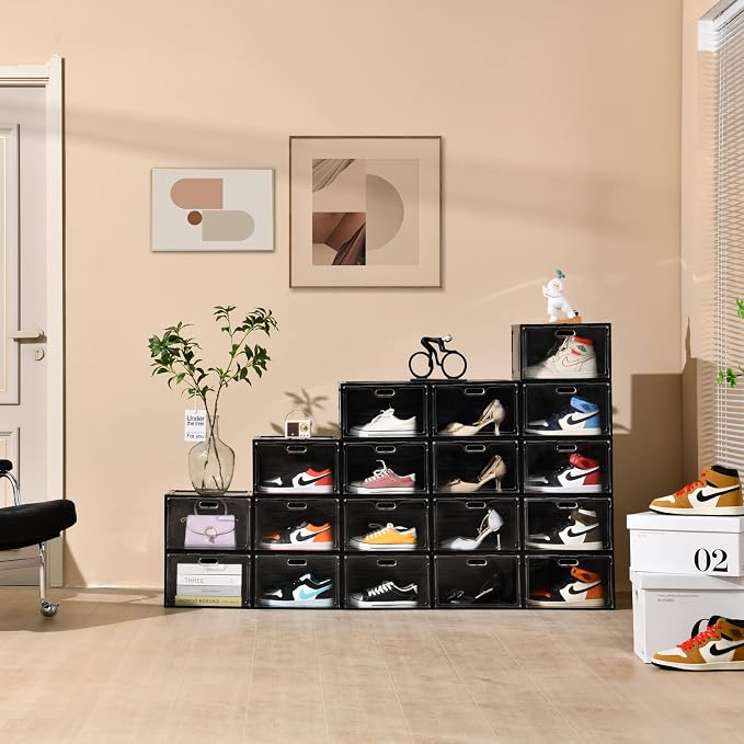 8 Pack Shoe Boxes Black Plastic Stackable, Large Shoe Storage Organizer