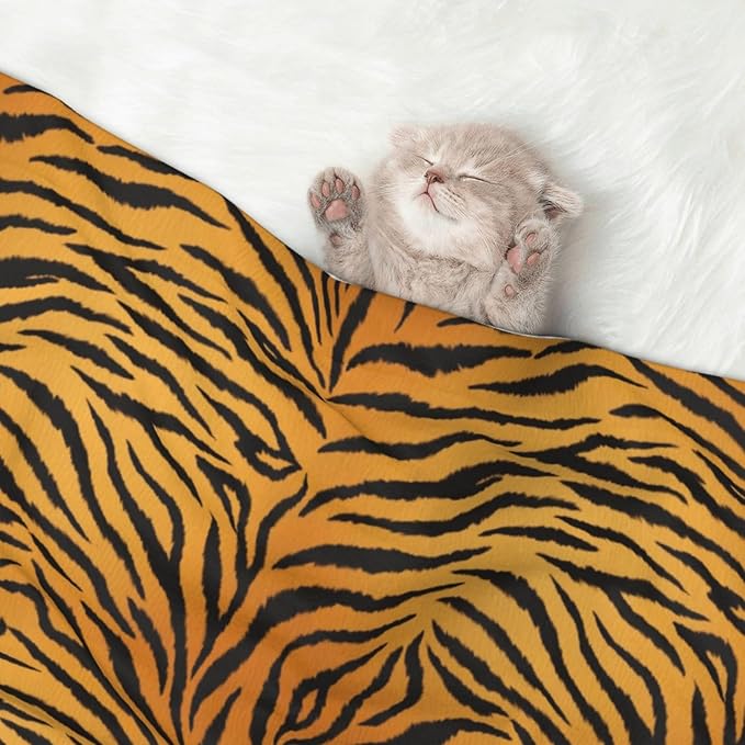 Two Sided Pet Cuddler Blanket for Anxiety Calming, Animal Print Tiger Black Gold, Reversible Plush Design with Bubble Dot Pattern Provides Familiar Surface Anywhere