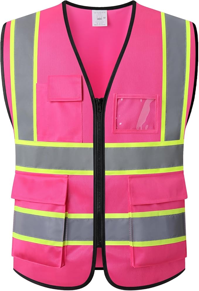 Pink High Visibility Safety Vest for Men Women with 5 Pockets and Zipper Hi Vis Construction Work Vest with Reflective Strips,Meets ANSI/ISEA Standards(EK175-Pink-2XL)