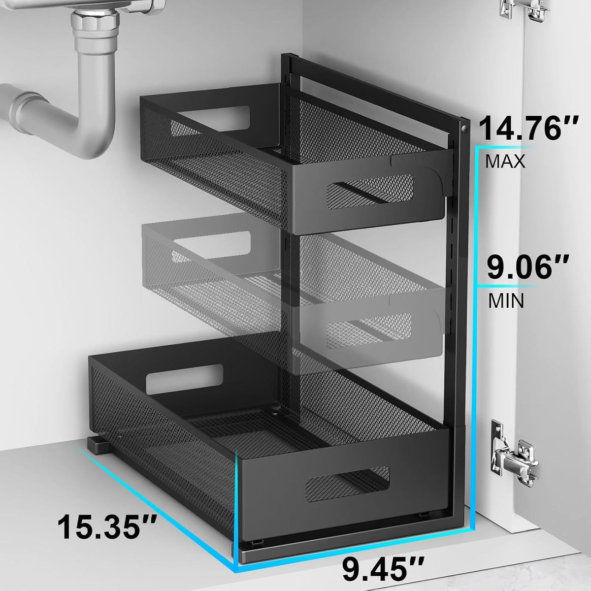 Petiza Under Sink Organizer Pull Out Cabinet Organizer Adjustable Height 2 Tier with Sliding Drawers Kitchen Bathroom Organizer and Storage(1pc)