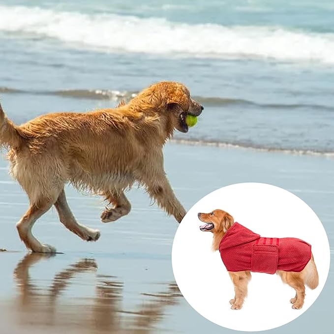 Geyecete Pineapple Grid Dog Drying Coat with Hood - Red, XL
