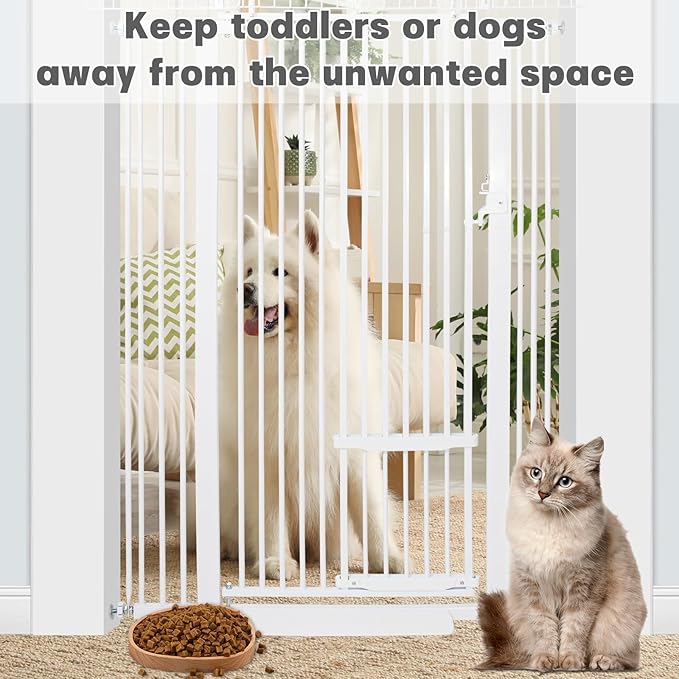 71 Inch Extra Tall Pet Gate with Small Cat Door, 29.55"-40.55" Adjustable Wide Dog Gate, Tall Cats Gates for Doorway, Stairs, House(White)