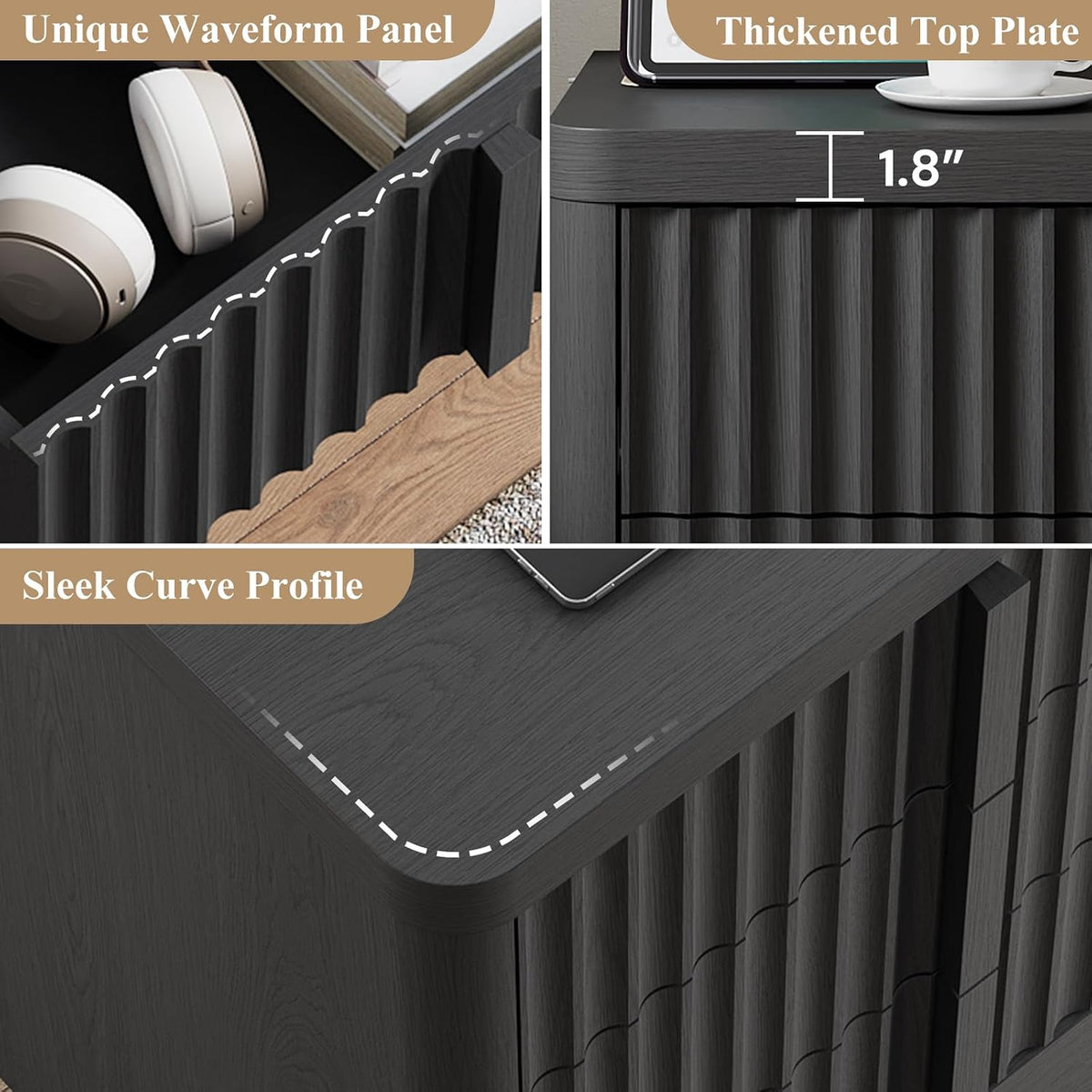 Fluted Dresser for Bedroom, 48" Tall 6 Drawer Dresser, Modern Chest of Drawers with Solid Wood Handle, Curved Profile Design, Wood Dressers Storage Organizer, Living Room, Hallway, Black