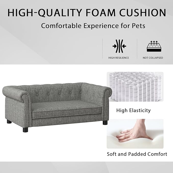 Elevated Rectangle Dog Sofa for Small & Medium Dogs - Comfortable Linen Fabric Dog Bed with Button Tufted Back, Durable Modern and Stylish Pet Bed for Living Room, Bedroom (Light Grey)