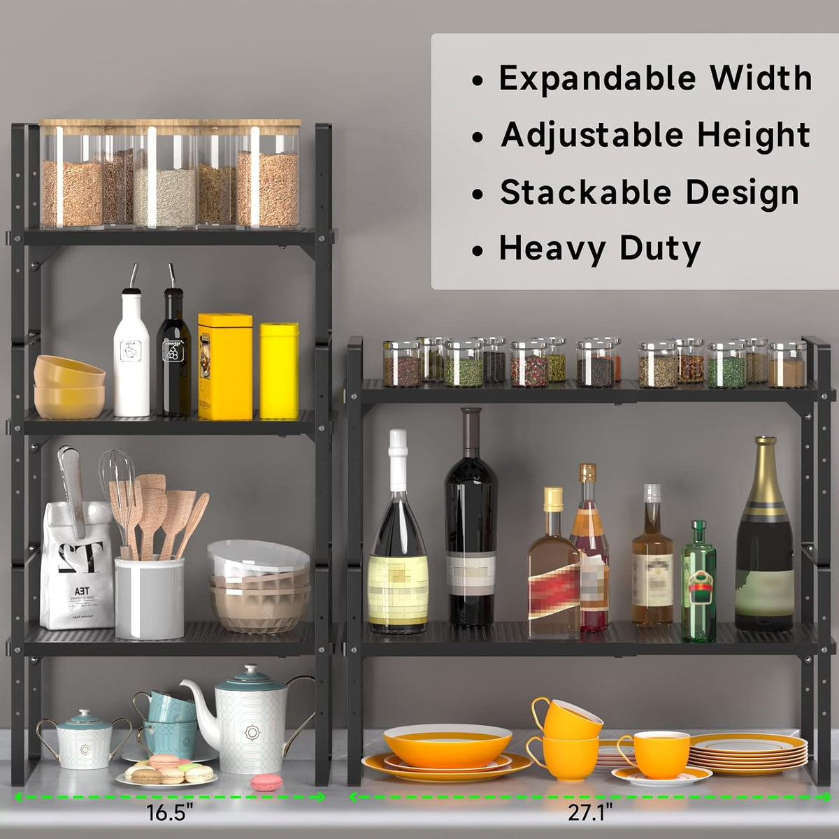 Expandable Storage Shelf, Stackable Organizer Rack, Black Small 2 PK
