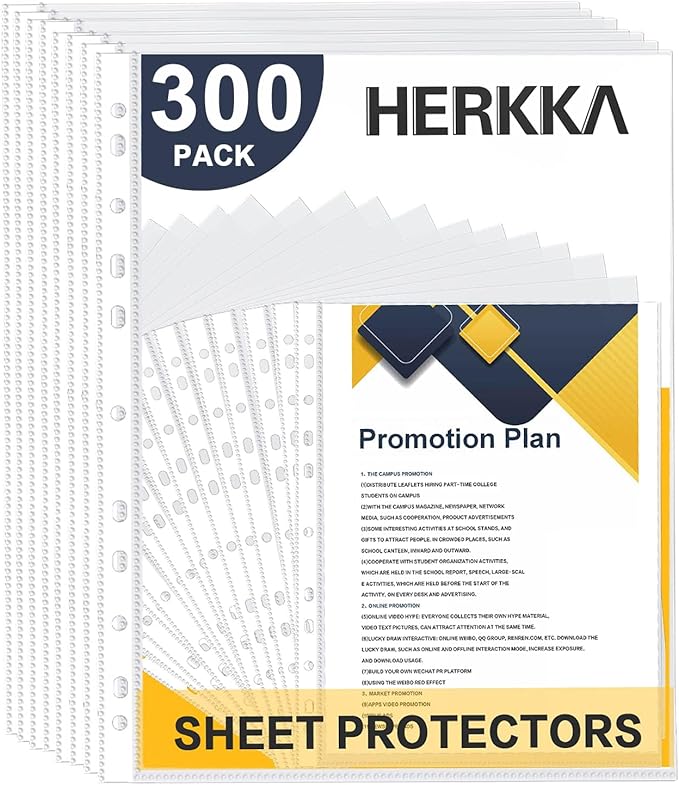 Sheet Protectors, HERKKA 300 Pack Heavy Duty Clear Plastic Page Protectors Sheet Reinforced 11-Hole Fit for 3 Ring Binder Fits Standard 8.5 x 11 Paper, 9.25 x 11.25 Top Loaded, Acid Free