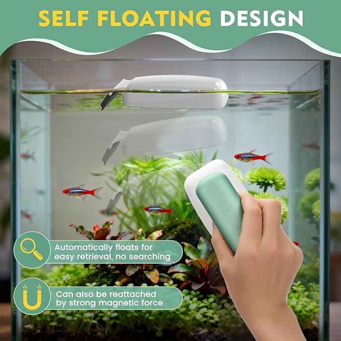 AQQA Aquarium Magnet Glass Cleaner - Enhanced Magnetic Fish Tank Cleaner with 2 Types of Blades, Self-Floating Aquarium Glass Scrubber Algae Scrapers for up to 0.63" Thick Glass/Acrylic Aquariums (L)