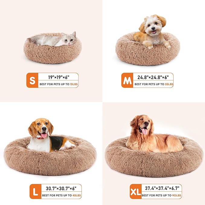 Sweetcrispy Donut Dog Bed, XL Large Round Calming Cat Bed with Washable Waterproof Cushion, Anti-Anxiety & Anti-Slip Fluffy Cuddle Cozy Faux Fur Plush for Pet Puppy Indoor Sleeping(37.4"x3.47",Brown)