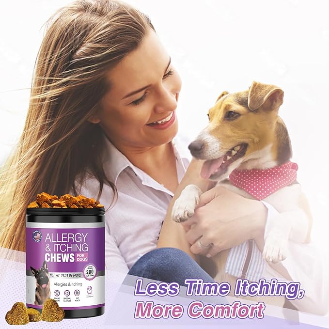 Dog Allergy Chews 200ct - Dog Allergy and Itching Skin Relief Anti Itch Aller Immune Bites for Dogs Licking Paws Treatment Relief Itchy Chew Probiotics Vitamins for Skin and Coat Allergies - Lamb