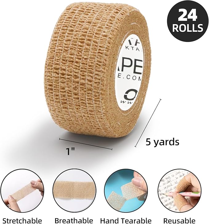 OK TAPE Self Adherent Cohesive Bandages Wrap - 24Packs, 1" x 5 Yards, Non-Woven Self Adhesive Bandage Wrap for Thumb, Finger, Wrist, Ankle, Vet Wrap Bandages Tape (Beige)