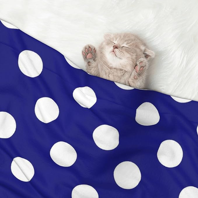 Waterproof Dog Blanket Soft Pet Blanket for Puppy Cat, Fleece Cat Throw Blankets for Furniture Bed Couch Sofa Reversible - Navy and White Polka Dot