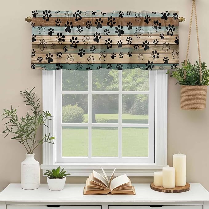 Dog Paws Valance Curtains for Kitchen, Teal Brown Wood Grain Privacy Rod Pocket