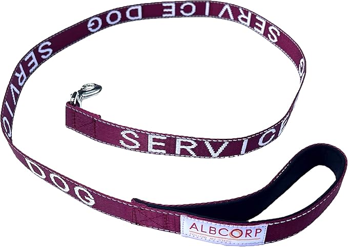 Albcorp Service Dog Leash - Embroidered- with Padded Neoprene Handle and Reflective Threads, 4 Feet, for Harnesses, Vests or Collars, Maroon