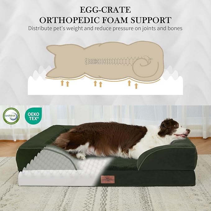 Comfort Expression Orthopedic Dog Bed for Extra Large Dogs 45x35 Inch, Waterproof Egg Crate Foam XL Pet Bed with Removable Bolsters, Dog Couch with Washable Cover & Non-Slip Bottom, Olive Green