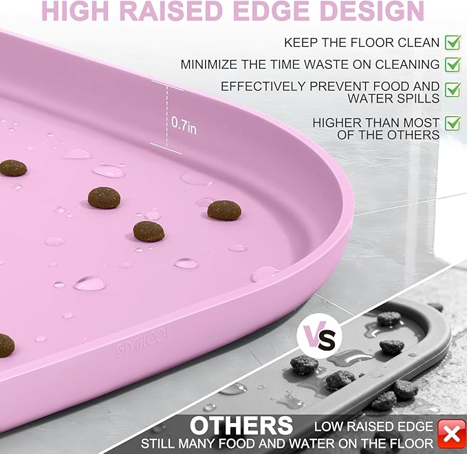 Small Silicone Pet Food Mat with Raised Edge for Food and Water Bowl, Square Dog Feeding Mats, Cat Food Trays for Floor Waterproof, Rubber Tray for Dogs and Cats, 12 x 12 x 0.7 Light Pink