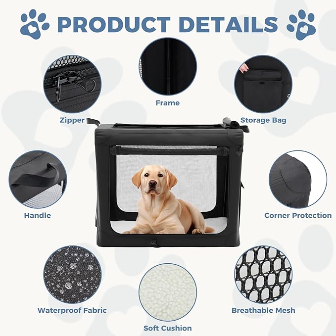 DUMOS Dog Crate 24 Inch Travel Cat Pet Carrier for Small Dog, Portable Foldable Soft Pet Airline Approved Crate with Storage Bag & Washable Pad for Indoor Outdoor Dog Kennel Carrier (S-30lbs, Black)
