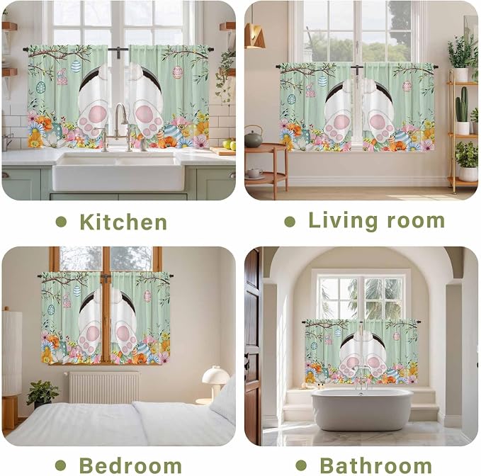 Easter Kitchen Tier Curtains 45 Inch Long 2 Panel Set, Rod Pocket Short Window