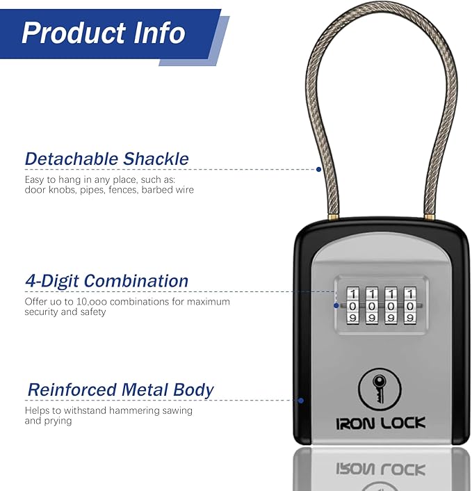 Iron Lock® Key Lock Box Portable with Cable Shackle – Small Waterproof Heavy-Duty Metal Safe with 4-Digit Combination for Spare Keys Outside on Door Knob, Fence, Pipe or Gate (Grey, Small)