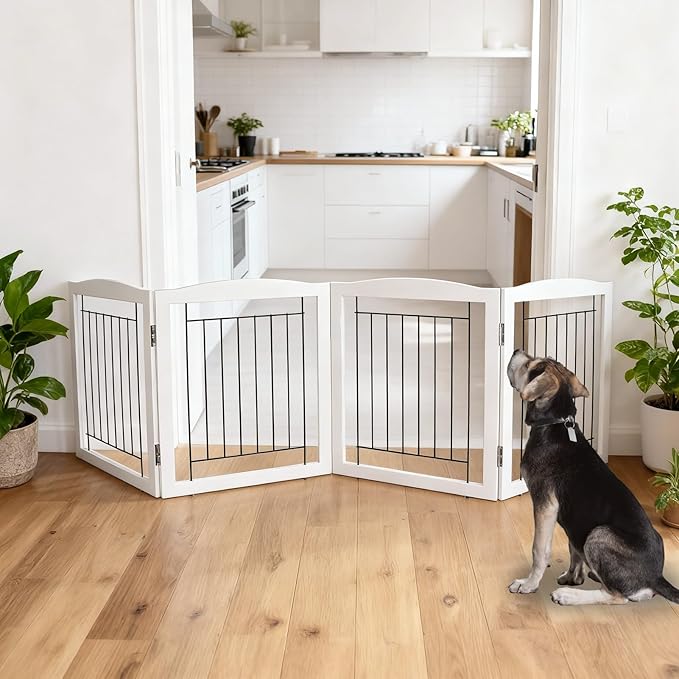 ZJSF Freestanding Foldable Dog Gate for House Extra Wide Wooden White Indoor Puppy Gate Stairs Dog Gates Doorways Tall Pet Gate 4 Panels Fence