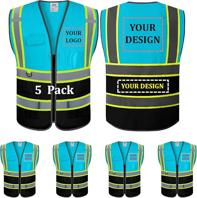 5 Pack Custom Safety Vest Customized Logo Mesh Vest Class 2 High Visibility Reflective Vest with Pockets Workwear（LightBlue Black，L ）