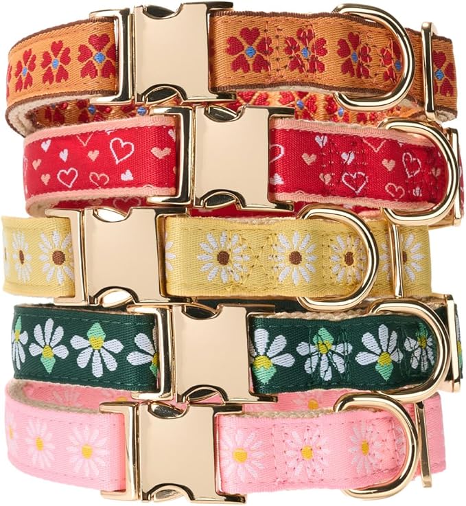 Woven Dog Collar with Metal Buckle Adjustable Jacquard Retro Dog Collars for Small Medium Large Dogs(Pink Daisy,M)