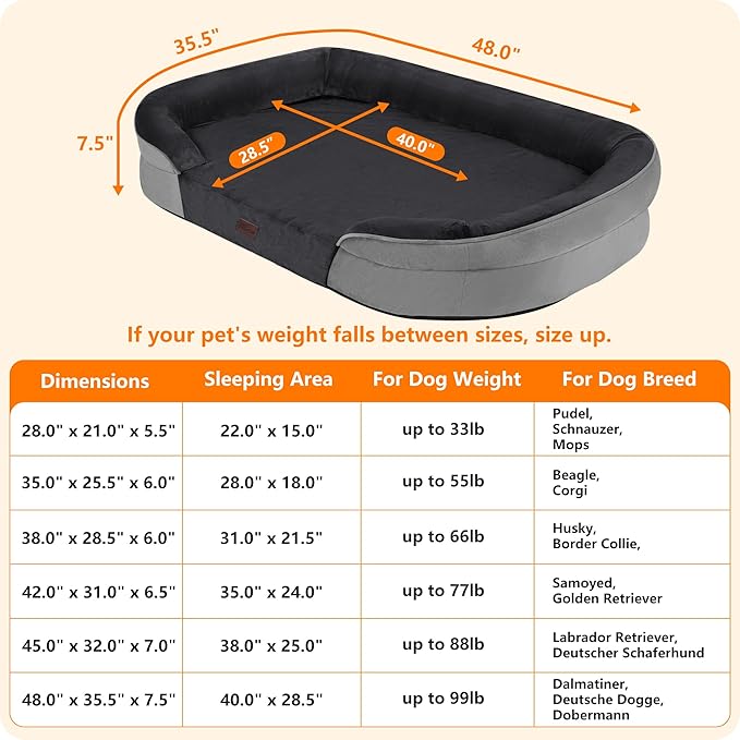 Dwanton Orthopedic Dog Bed for Extra Extra Large Dogs with Gel Memory Foam, Waterproof Dog Sofa, Washable Pet Bed with Four Sided Bolster Cushion, Removable Cover & Non-Slip Bottom, 48", Dark Gray