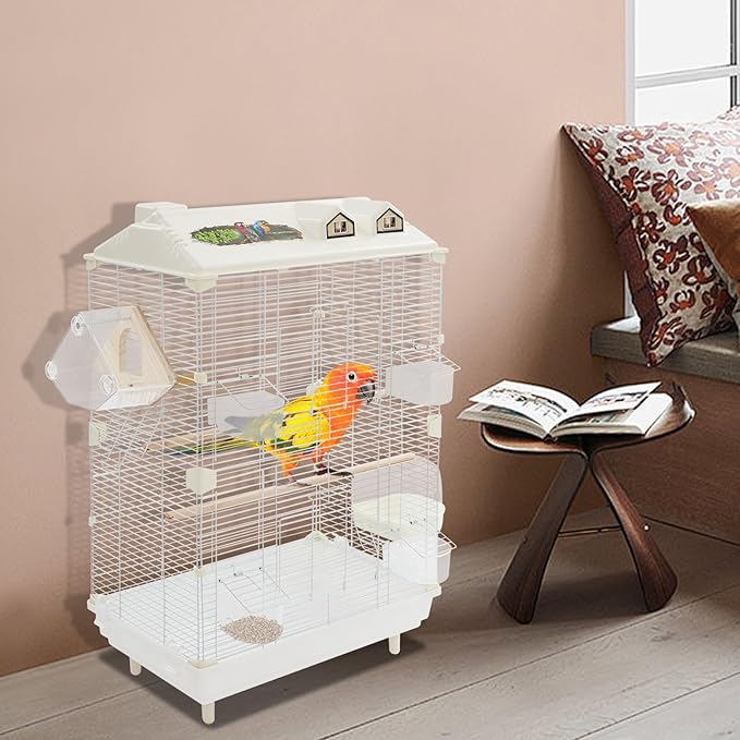 30Inch Bird Cage with Perches, Small Flight Cage with Detachable Tray 2 Tiers Iron Birdcage Freestanding Parrot Cage White for Small Medium Birds