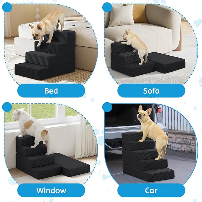 Dog Stairs for Small Dogs, 4 Step Pet Stairs for High Beds and Couch, Dog Steps for Bed Balanced 18" H, Foldable Pet Ramp for Large Cats Climb, Non-Slip Bottom Doggy Step, Black