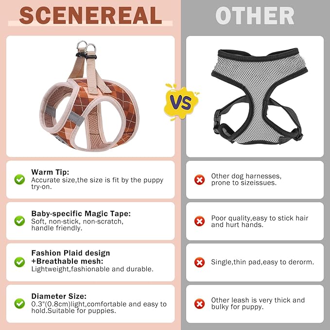 SCENEREAL Fall Thanksgiving Small Dog Harness and Leash Collar Set, Step in No Pull Plaid Puppy Harness for Small Dogs Outdoor Walking, Soft Mesh No Chock Reflective Vest Harness, Brown XS