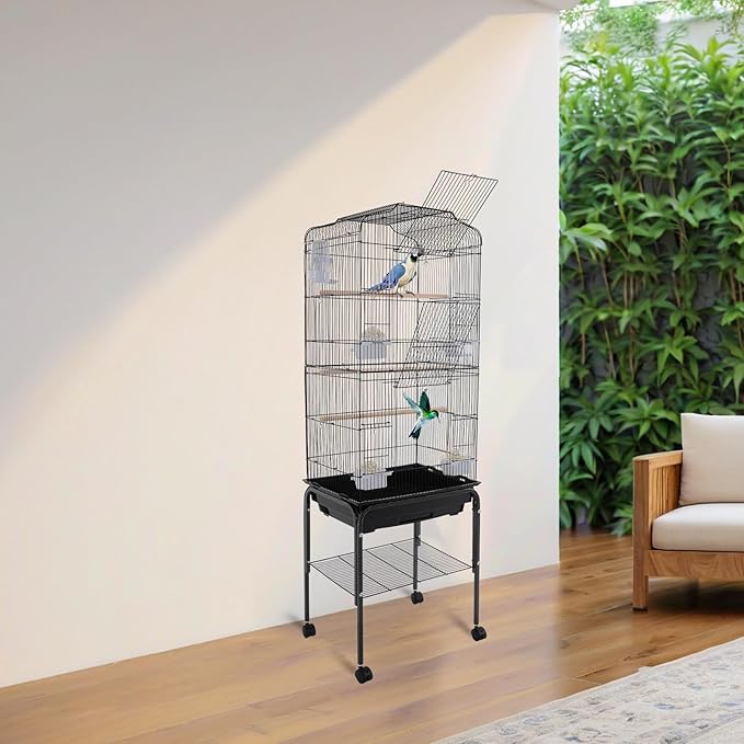 Freestanding Bird Cage Large Bird Cage with 4 Feeding Bowls & Waterer & 4 Universal Wheels & 2*Brake & Storage Rack & Slide-Out Tray & Mesh Panel Budgie Aviary for Balconies, in Homes, Shop（Black）