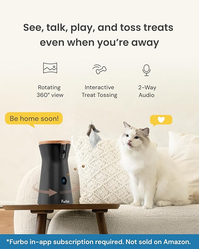 Furbo 360° Cat Camera [Subscription Required] Unlock w/Paid Plan: Home Security & Pet Safety Alerts, Rotating Treat Toss w/ 2-Way Speaker, Smart Cam w/Phone App (Low Risk, 3mo Min. Cancel Anytime)