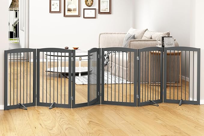 Freestanding Pet Gate with Door, Tall Dog Gate for House, Extra Wide, Pet Puppy Safety Fence, Support Feet Included, 120 Inch Wide, 6 Panels 32" Tall, Gray