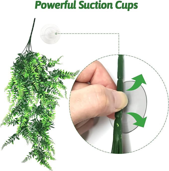 Fhiny 4 PCS Reptile Vines Plants Bendable Flexible Jungle Climbing Vines Plastic Leaves with Suction Cups Tank Accessories Habitat Decor for Bearded Dragons Lizards Snakes Geckos Frogs