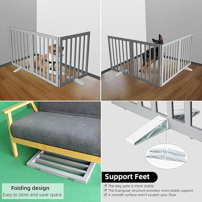 ZJSF Freestanding Indoor Dog Gate for House Foldable Wood Puppy Gate for Doorways Pet Gate for Stairs Extra Wide Pet Fence, Grey, 24" Height 3 Panels