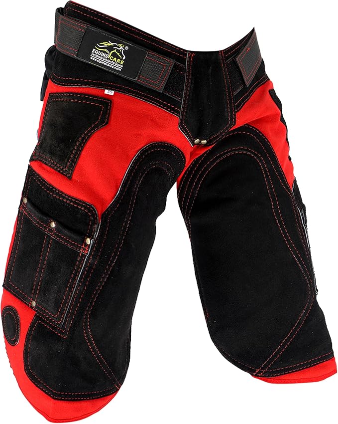 Equine Care Farrier Apron Chaps 2mm Cowhide Leather, 500 GSM Canvas, Air-Mesh, 27" Length, Adjustable Waist (28"-52"), Ergonomic Foam-Padded Thigh & Back Support, 4 Knife Pockets, 2 Nail Magnets.