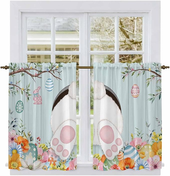 Easter Bunny Kitchen Tier Curtains 45 Inch Long 2 Panel Set, Rod Pocket Short