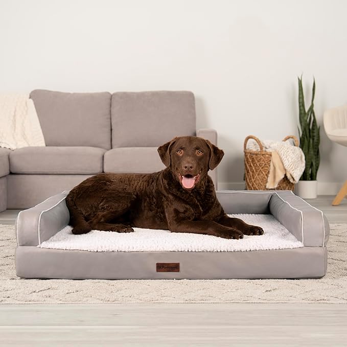 Furhaven Cooling Dog Sofa Bed – Memory Foam Couch with Bolsters, Textured Plush & Water-Resistant Cover, Washable Cover - Greige, Jumbo