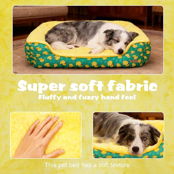 Rectangle Washable Dog Bed for Large, Medium & Small Dogs – Soft Calming Puppy Beds, Durable Warm Pet Sofa with Non-Slip Bottom for Indoor Use.Yellow M Size (33.5"x33.5"x7.1")